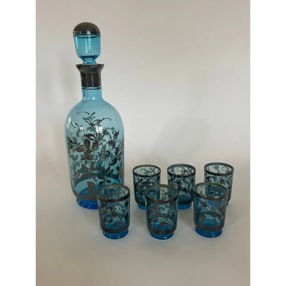 Vintage Murano Blue Art Glass Decanter 6 Shot Glasses Set Floral MCM